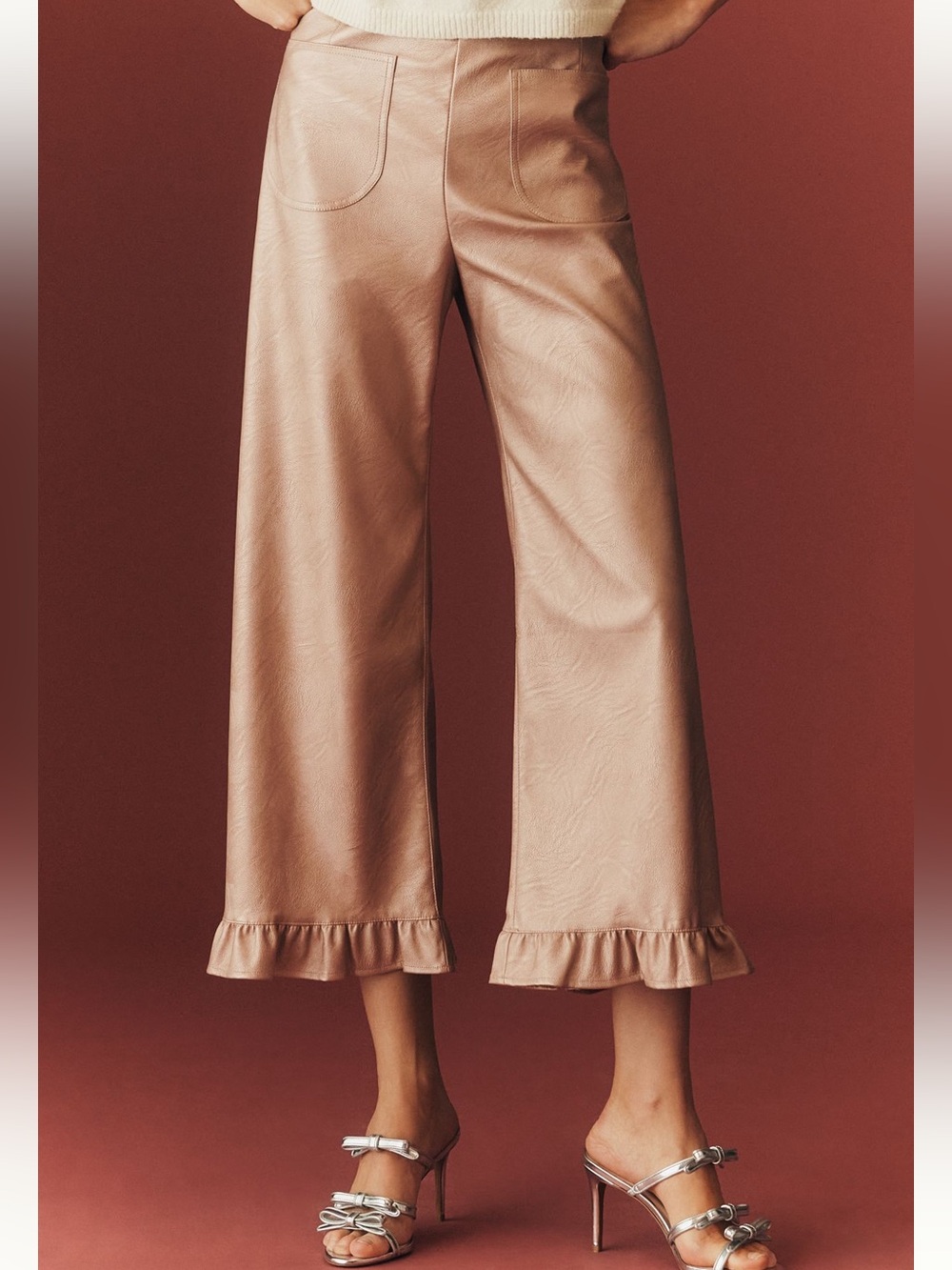 Anthropologie Colette Pants Maeve Cropped Wide
Leg Faux Leather Ruffle Pink TALL